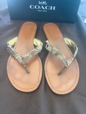 COACH Brown and Tan Signature Flip Flop Sandals with gift bag